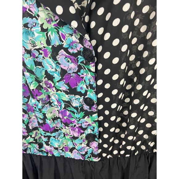 90s chiffon floral patchwork polka dot romper set long sleeve XL Black Blue - Picture 2 of 8